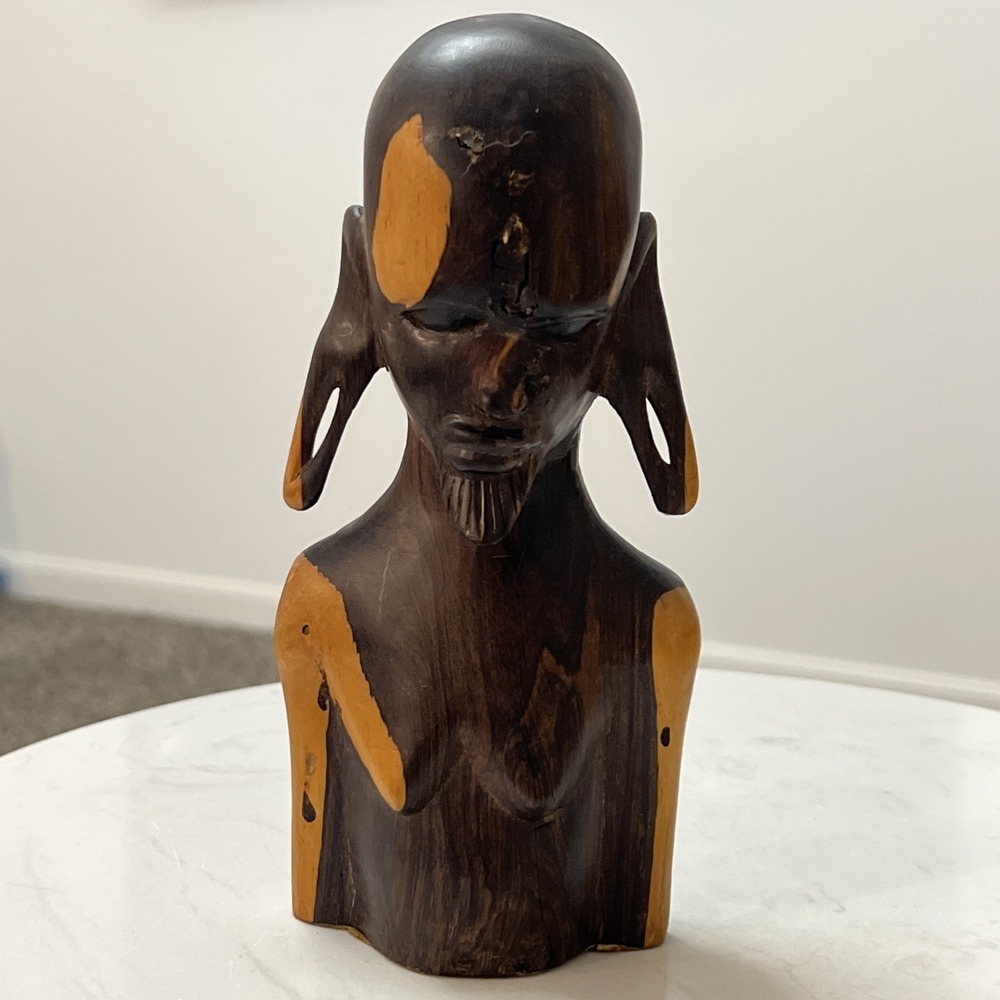 Vtg Hand Carved Wood African Man Male Bust Sculpture Tribal Folk Art Two Tone 8"